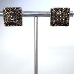 VTG Sterling Silver 925 Marcasite Textured Stud Earrings Size 0.5" Length